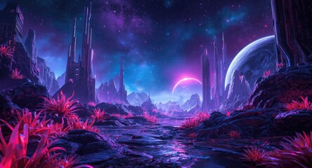 Fototapeta premium Bright neon night alien environment background suited for space game