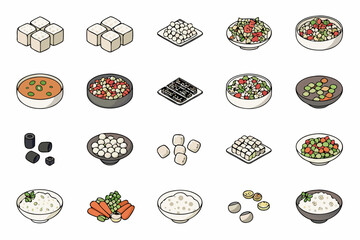 Isometric illustrations of various foods including tofu salads and rice