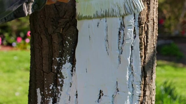 Hand applying white protective paint to tree trunk in garden, seasonal care scene highlighting pest prevention, maintenance and eco friendly plant protection