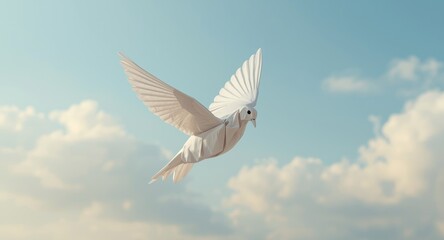 Tranquil white origami dove floating over a serene light blue sky background