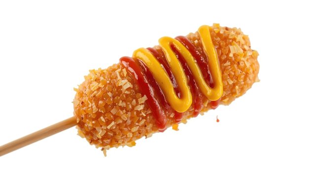 Korean style corn dog garnished with flavorful mustard and ketchup