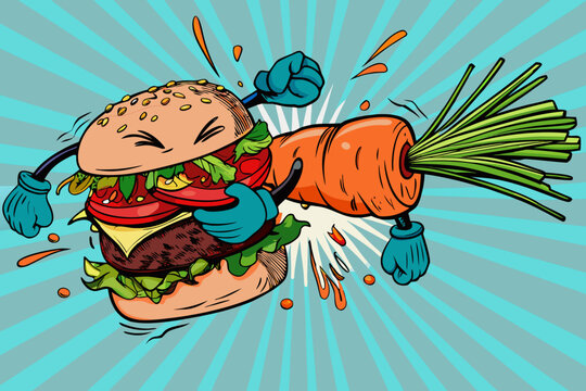 Anthropomorphic burger and carrot engage in a dynamic comical fight scene