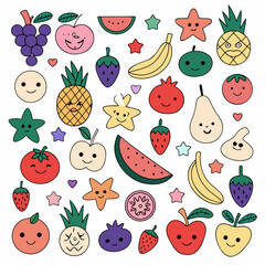 Colorful cartoon fruits and vegetables with happy faces in a pattern