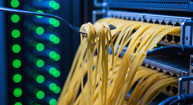 Spaghetti code concept with pasta network cables in a server rack.