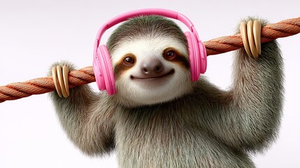 Fototapeta premium Cartoon sloth wearing pink headphones hangs from a rope, smiling with a cheerful expression against a light gradient background