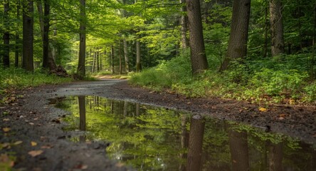 Fototapeta premium Calm woodland area presenting a muddy trail lined with diverse trees and ground plants with a puddle reflecting the vivid flora
