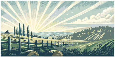 A serene countryside landscape with a radiant sunrise and distant hills © Shuvra Majumder