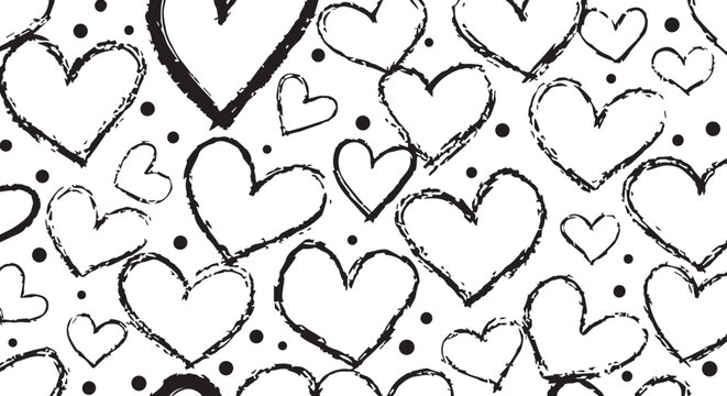 Valentine's Day heart pattern with black hearts and dots on white background