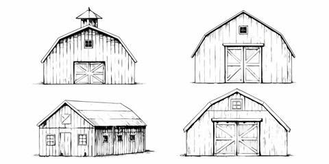 Detailed ink sketches depict various perspectives of classic farm barns © Shuvra Majumder