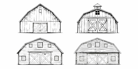 Detailed sketches of traditional barns with varying architectural features © Shuvra Majumder
