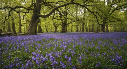 Obraz premium Dense spread of violet bluebells blanketing the woodland ground with deep purple petals and tall majestic trees