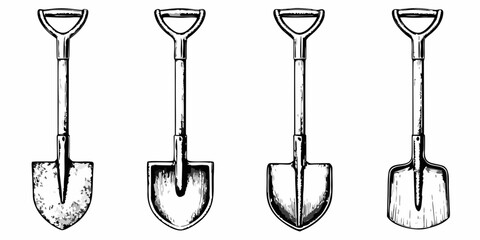 Four vintage shovels displayed in a row a detailed illustration © Shuvra Majumder