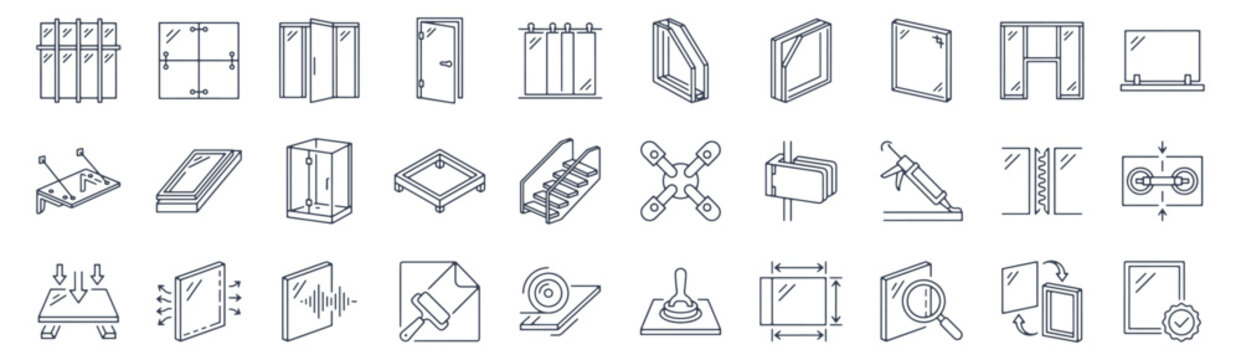 Glazing and glass installations line icon set. Curtain wall facade, frameless door, sliding system, double glazing unit, balustrade, spider fitting, silicone sealing outline vector illustrations.