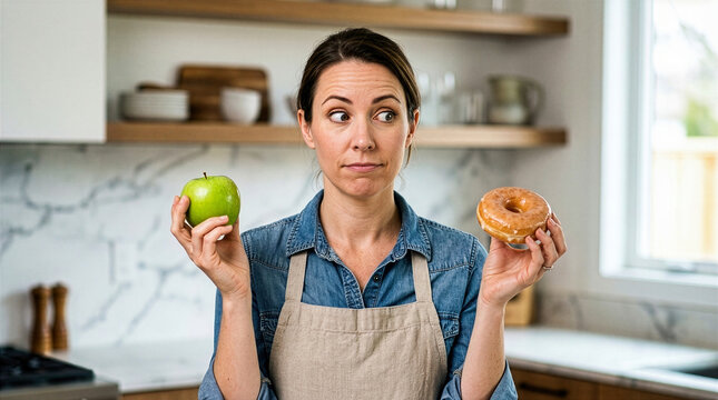 Caucasian woman in modern kitchen holding green apple and glazed donut, healthy vs junk food dilemma, diet decision, obesity, weight management, nutrition