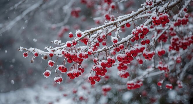 Snowfall highlights red berries clinging to frosty tree branches