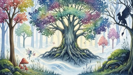 Obraz premium Fantasy forest scene with colorful trees and magical elements
