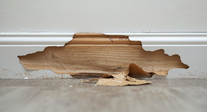 Water damaged wooden skirting board showing swelling with copy space for design