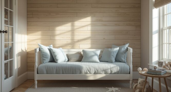 Coastal childrens bedroom concept with a daybed next to textured shiplap wall mockup