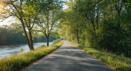 Tranquil rural road flowing beside a broad river and rich green trees with room for text