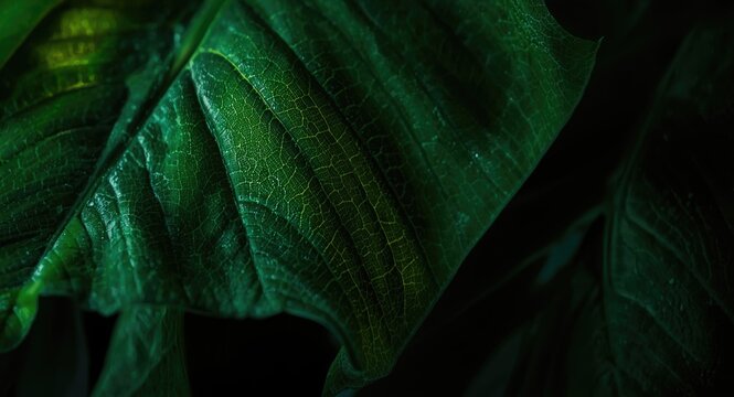 Macro shot of green velvet leaves uncovering lush surface features and vivid natural tones