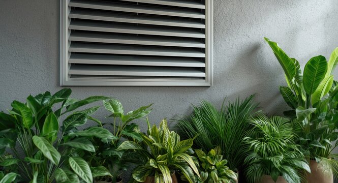 Sleek textured wall with aluminum louver window and fresh green plants improving air circulation