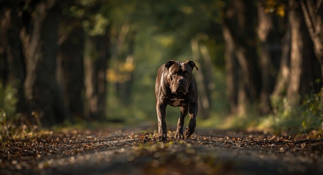 A muscular purebred Presa Canario dog exploring a quiet forest path
