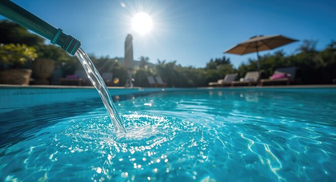 Water from hose filling private pool under bright sunlight