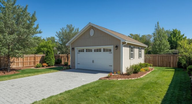 Detached backyard garage featuring clapboard siding and driveway access