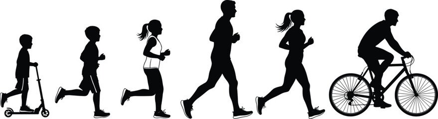 Obraz premium Silhouette activity, age progression, running figures, child adult motion, physical development, vector design, fitness concept, black figure, flat style, movement