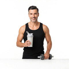 Fit muscular man in black tank top holding protein shaker and dumbbell in fitness studio