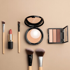 Flat lay of professional makeup brushes and nude cosmetics set on beige background