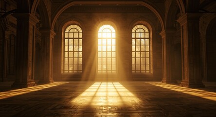 Obraz premium Sunlight flooding a spacious interior through graceful arched windows with warm glow