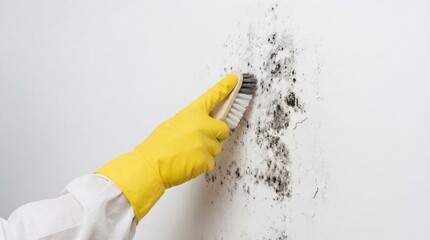 Woman with yellow glove brushing black mold from a white wall. Environmental cleanup concept for home hygiene and health problem prevention.
