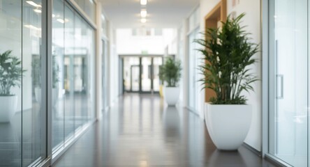 Obraz premium Bright hallway space featuring clear glass partitions and decorative plant containers