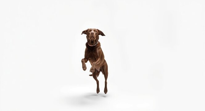 Brown labrador retriever catching air on a white minimalist studio background