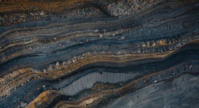 Overhead perspective of coal extraction site highlighting geological layering and excavation techniques with diverse natural textures