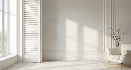 Fototapeta premium Modern luxury bedroom featuring sleek white indoor plantation shutters and minimalist style