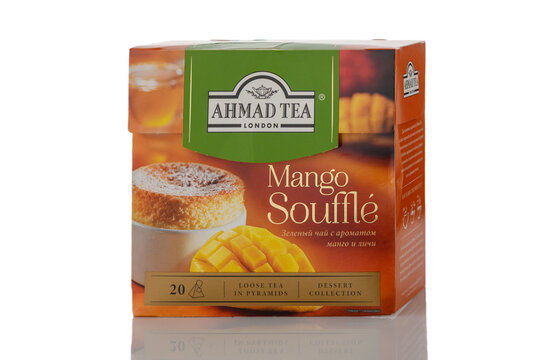 Tbilisi, Georgia 11.09.2025 Ahmad Tea Mango Souffle Green Tea with Mango on White Background