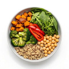 Colorful vegan buddha bowl with quinoa chickpeas and fresh vegetables top view