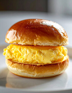 Japanese tamago sando with creamy egg mayo filling, soft milk bread, Tokyo cafe aesthetic. Tasty food