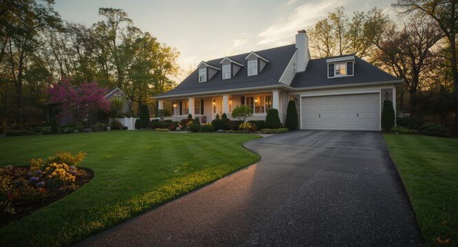 Modern residential home with manicured front yard and driveway leading to garage