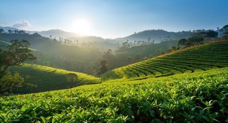 Sunlit Tea Plantation Rows on Fertile Hillsides
