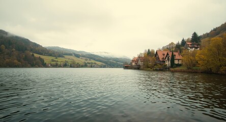 Obraz premium Landscape art in hand drawn form presenting a serene lake, houses, hills, trees, and an overcast sky designed for print reproduction