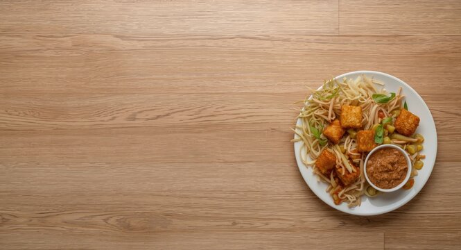Tasty tahu sumedang platter and flavorful dipping sauce on smooth wood background with copy space