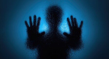 Person&acirc;&euro;&trade;s monochrome shadow making hand signals behind textured glass under blue hues