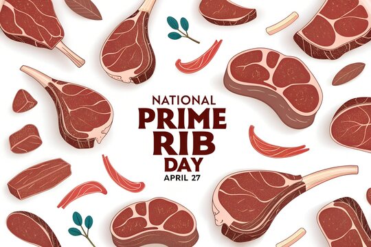 An inviting flat lay illustration showcasing a delicious and varied assortment of raw beef and lamb cuts, featuring prime rib steaks, lamb chops, and other premium selections, perfectly arranged on a 