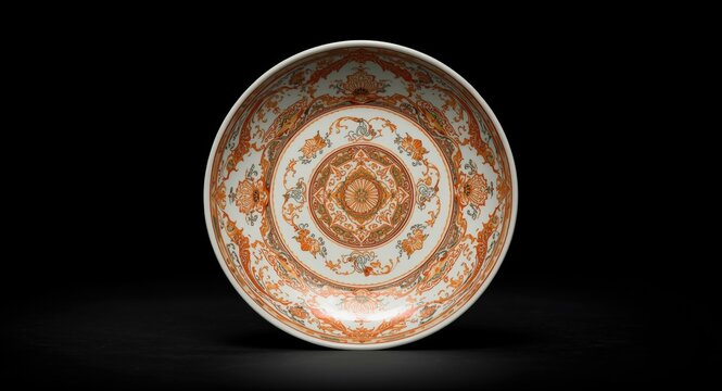 Softly focused photo of a traditional Japanese imari porcelain plate featuring antique designs against a deep black backdrop