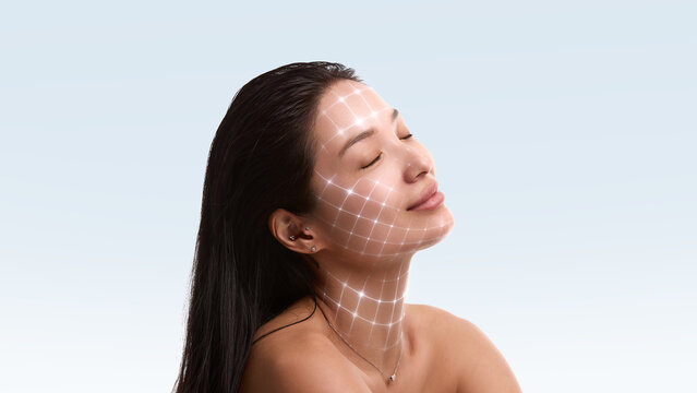 Elegant mixed media relaxed woman portrait with facial grid overlay. Concept of skin tightening treatment promotion, medspa branding materials and high tech cosmetic service marketing.