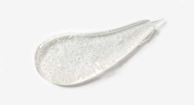 Closeup of transparent gel face serum with visible bubbles on plain white background