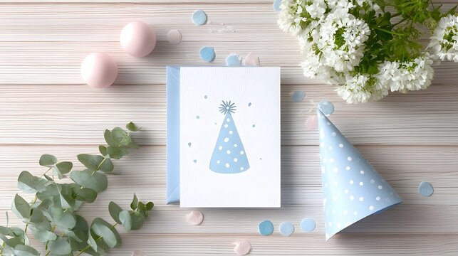 An inviting vertical card mockup featuring a white watercolor paper texture rests on a light toned wooden table
